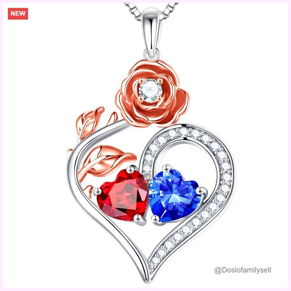 Sterling Silver Double Birthstone Necklace Elegant Rose Heart Pendant Gift